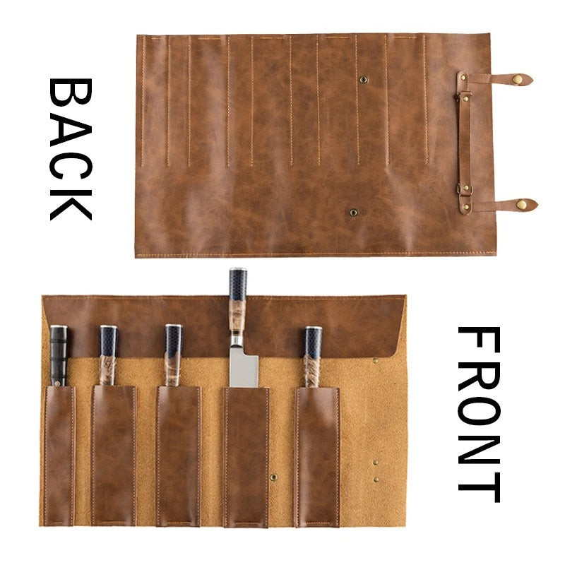 Portable Two-Layer Cowhide Chef Knife Roll Bag - Waterproof Leather Knife Storage Case with Handle - Delicate Leather
