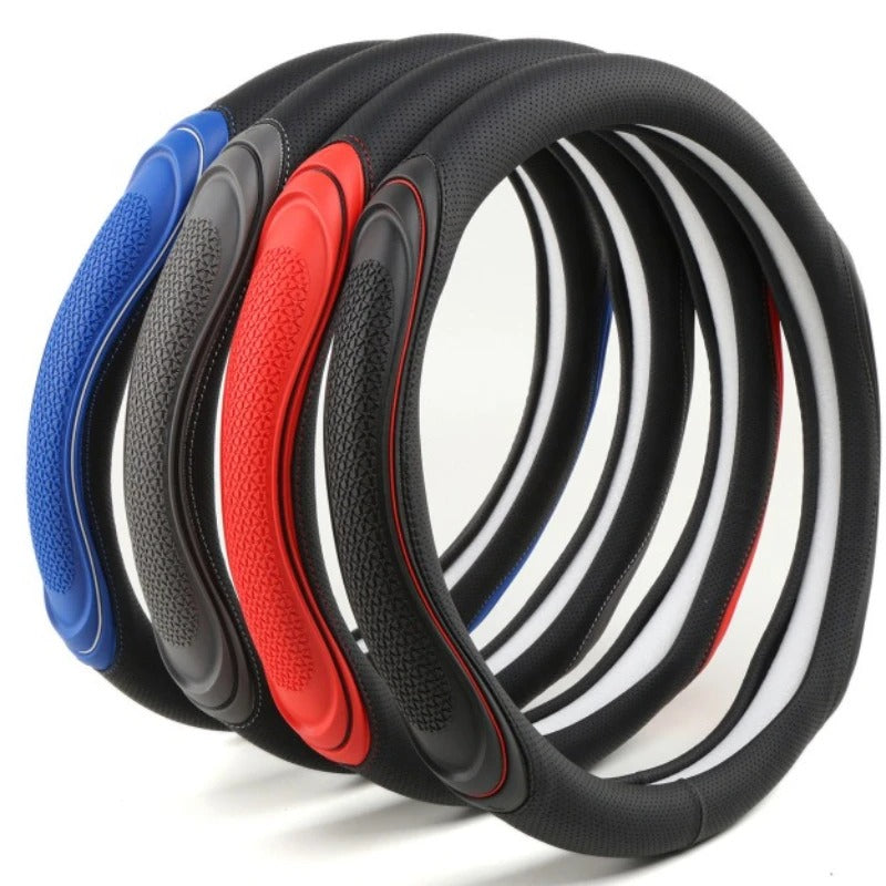 Spliced Leather Steering Wheel Cover – Concave-Convex Massage Design, Non-Slip Universal Fit 38 cm, All-Season Car Interior Accessory - Delicate Leather