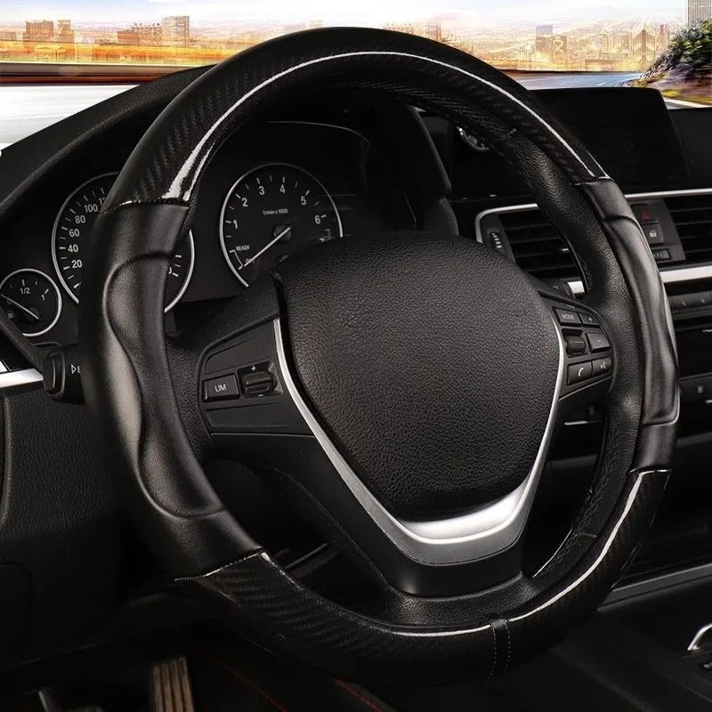 Carbon Fiber Steering Wheel Cover – Anti-Slip Universal 38cm O & D Shape Fit - Delicate Leather