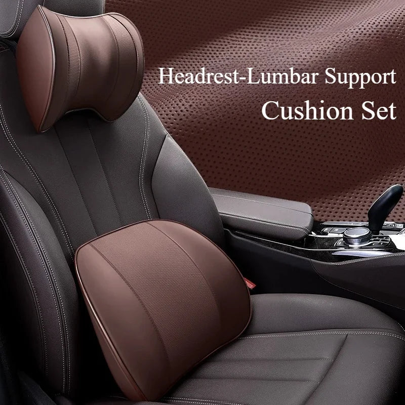 Ventilated Memory Foam Car Neck & Lumbar Pillow – Slow Rebound, Universal Seat Support - Delicate Leather
