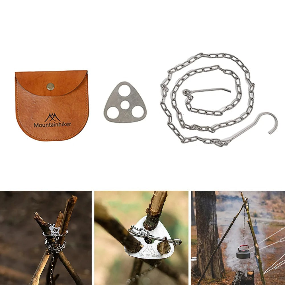 Cooking Pot Pan Tripod Mount - Stainless Steel Camping Tripod Hanging Pot Bracket with Leather Storage Bag for Hiking Bushcraft - Delicate Leather
