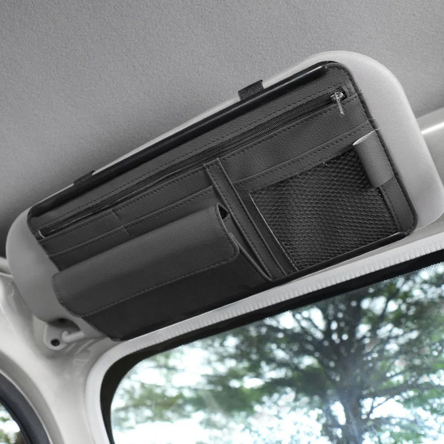 Car Sunshade Storage Bag Organizer - PU Leather Car Sun Visor Clip Stowing Box for Pen, Card, Ticket, and Sunglasses - Delicate Leather
