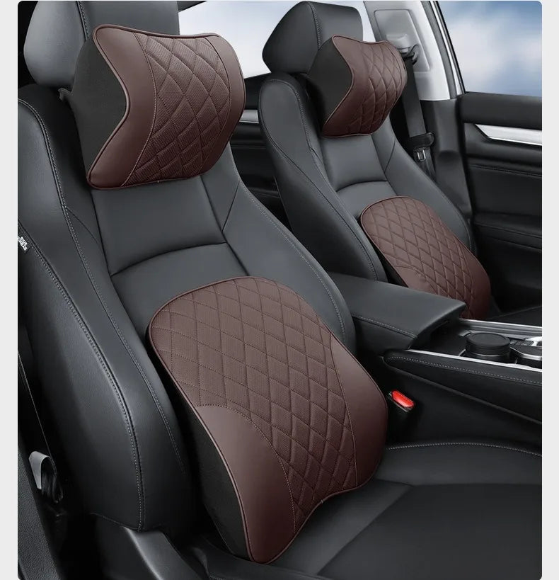 Nappa Leather Car Headrest & Lumbar Support Set – Memory Foam Neck and Waist Cushion - Delicate Leather