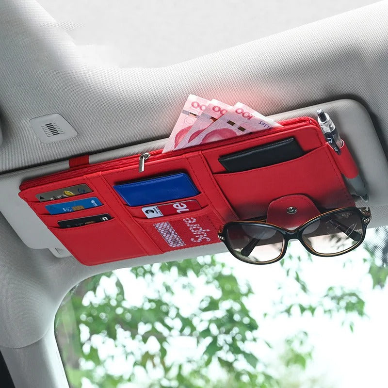 Car Sun Visor Organizer - Multi-pocket Zipper Auto Truck SUV Storage Pouch - Delicate Leather