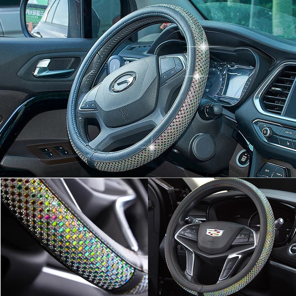 Luxury 3D Square Diamond Steering Wheel Cover – Ultra Bling Crystal PU Leather Fit for 37.5–38cm - Delicate Leather