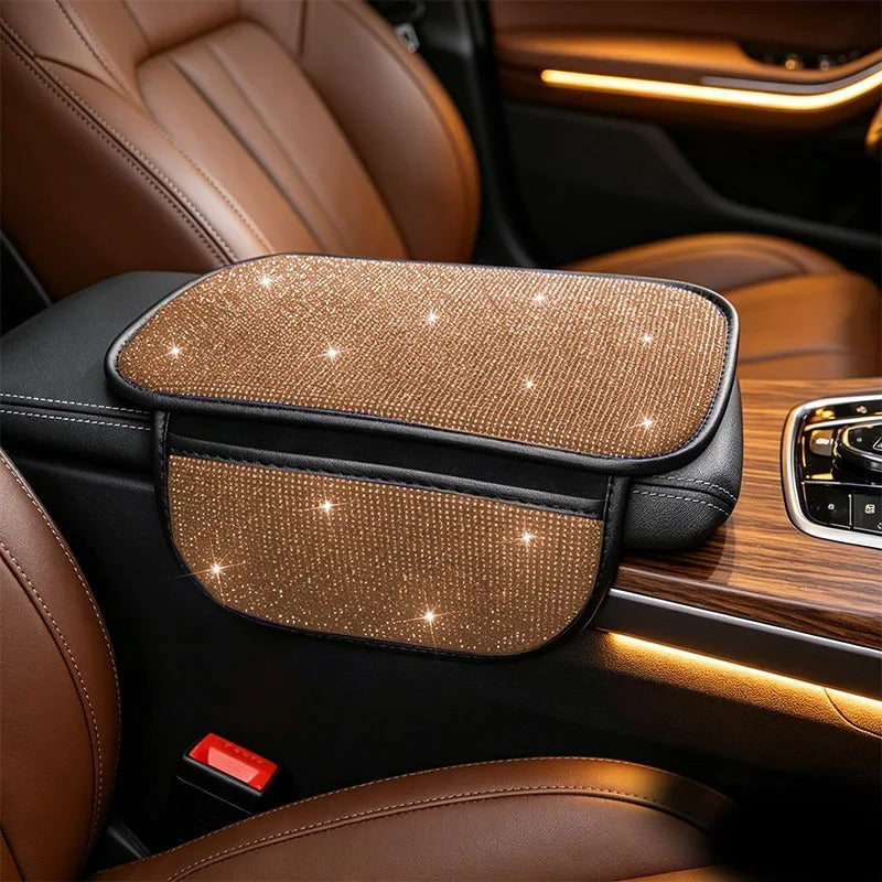 Bling Car Armrest Cushion with Side Phone Pocket – Rhinestone Center Console Cover Pad Universal Auto Interior Accessory - Delicate Leather