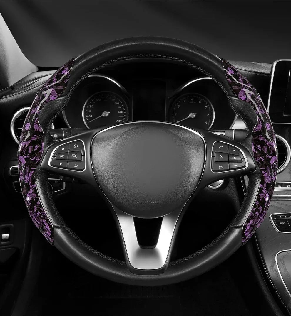 Luxury Glitter Forged Carbon Fiber Steering Wheel Cover – 3D Textured, Anti-Slip, Universal Fit & Easy Installation - Delicate Leather