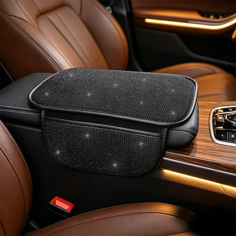Bling Car Armrest Cushion with Side Phone Pocket – Rhinestone Center Console Cover Pad Universal Auto Interior Accessory - Delicate Leather