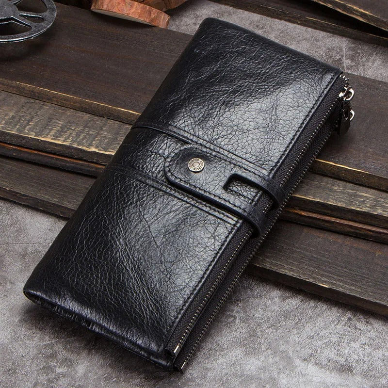 Men’s Long Clutch Wallet – Genuine Cowhide Leather with Card Holder & Zipper Coin Pocket - Delicate Leather