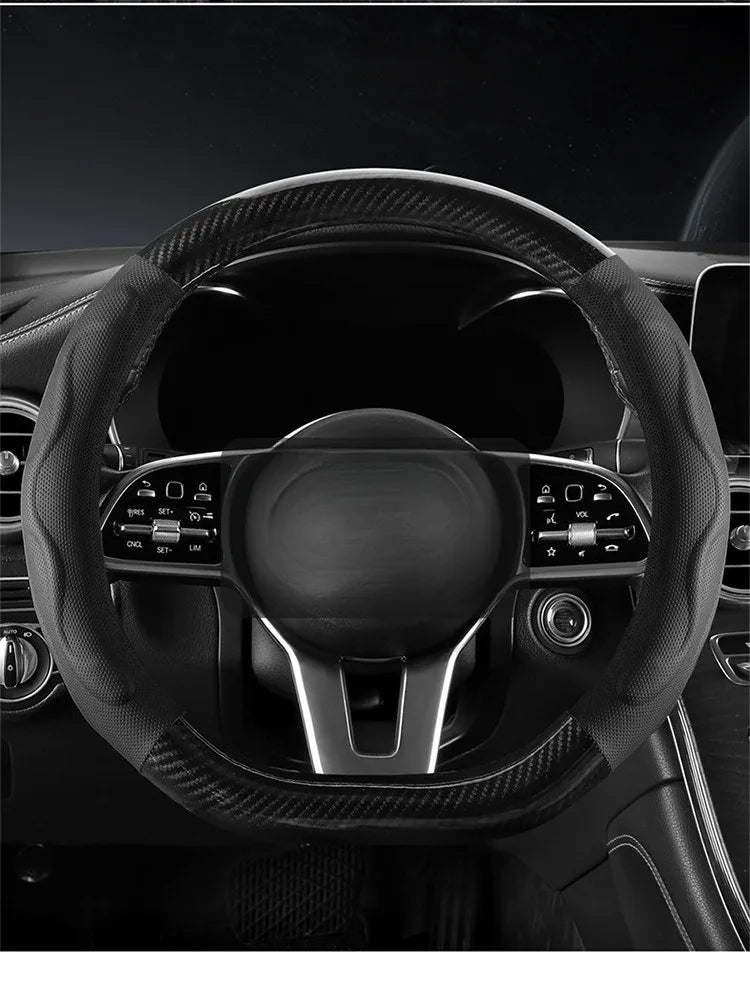 Leather Car Steering Wheel Cover, Fine Skin Texture, Comfortable Grip, Wear-Resistant, All-Season, Universal Fit - Delicate Leather