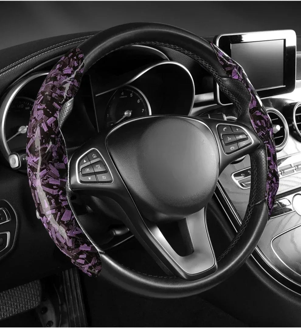 Luxury Glitter Forged Carbon Fiber Steering Wheel Cover – 3D Textured, Anti-Slip, Universal Fit & Easy Installation - Delicate Leather