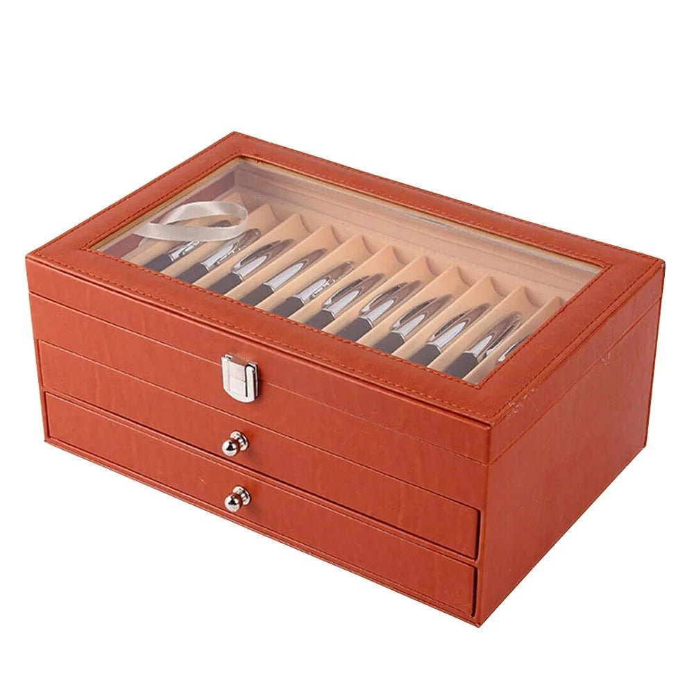 Fountain Pen Display Case 36 Slot Holder Leather Storage Collector Organizer Box - Delicate Leather