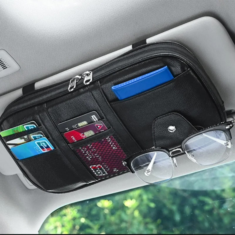 Car Sun Visor Organizer - Multi-pocket Zipper Auto Truck SUV Storage Pouch - Delicate Leather