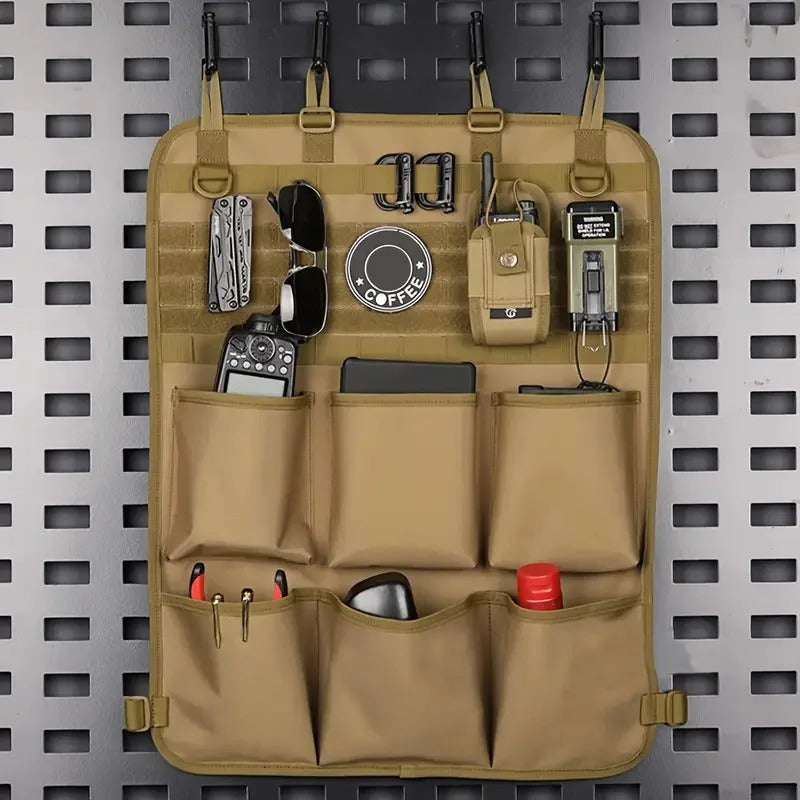 Multipurpose Car Seat Back Storage Bag - 600D Water-Repellent Fabric, Multiple Pockets, Customizable for Phones, Walkie-Talkies, and Keys, Fits SUVs, Trucks, Cars - Delicate Leather