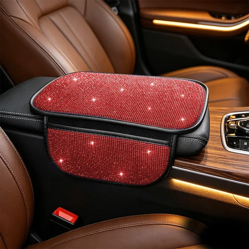 Bling Car Armrest Cushion with Side Phone Pocket – Rhinestone Center Console Cover Pad Universal Auto Interior Accessory - Delicate Leather