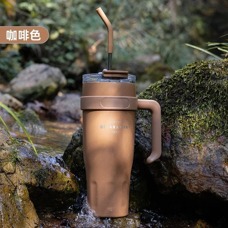 Large Capacity Stainless Steel Insulated Cup with Handle & Straw – Ideal for Office, Outdoor & Travel