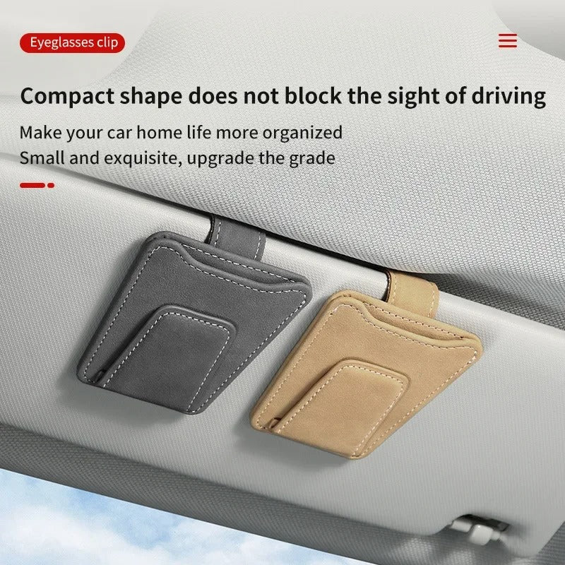 Suede Leather Car Glasses Holder Auto Sun Visor Sunglasses Clip Card Ticket Organizer Universal Multi-Function Car Accessories - Delicate Leather