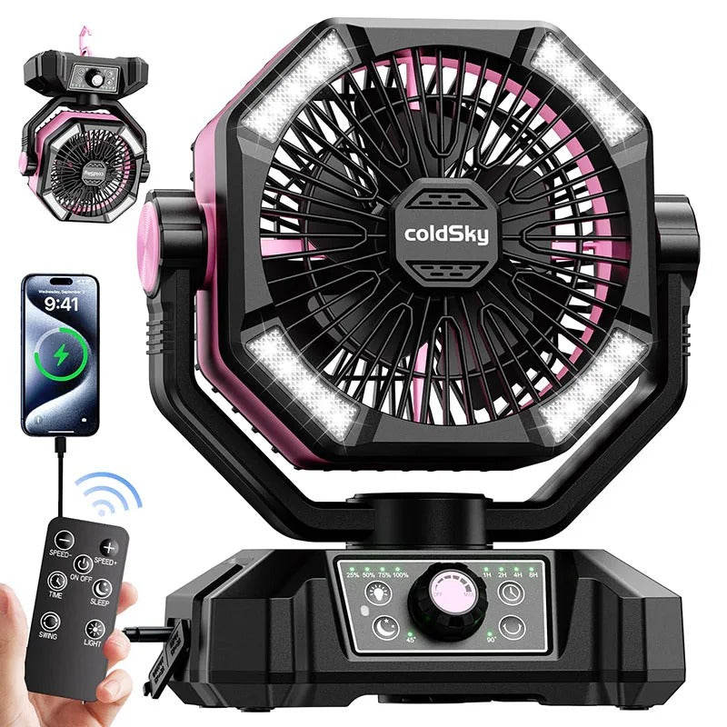 20000mAh Rechargeable Camping Fan with LED Light – 8-Speed Portable Desk Fan with Remote Control, USB Charging - Delicate Leather