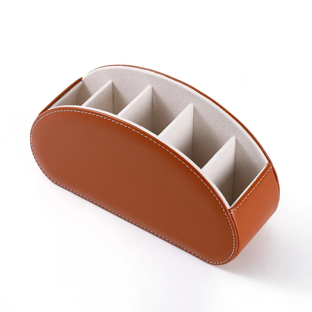 Desktop PU Leather Organizer Remote Control Phone and TV Holder Desk Storage Box Cosmetic Brush Storage Holder - Delicate Leather