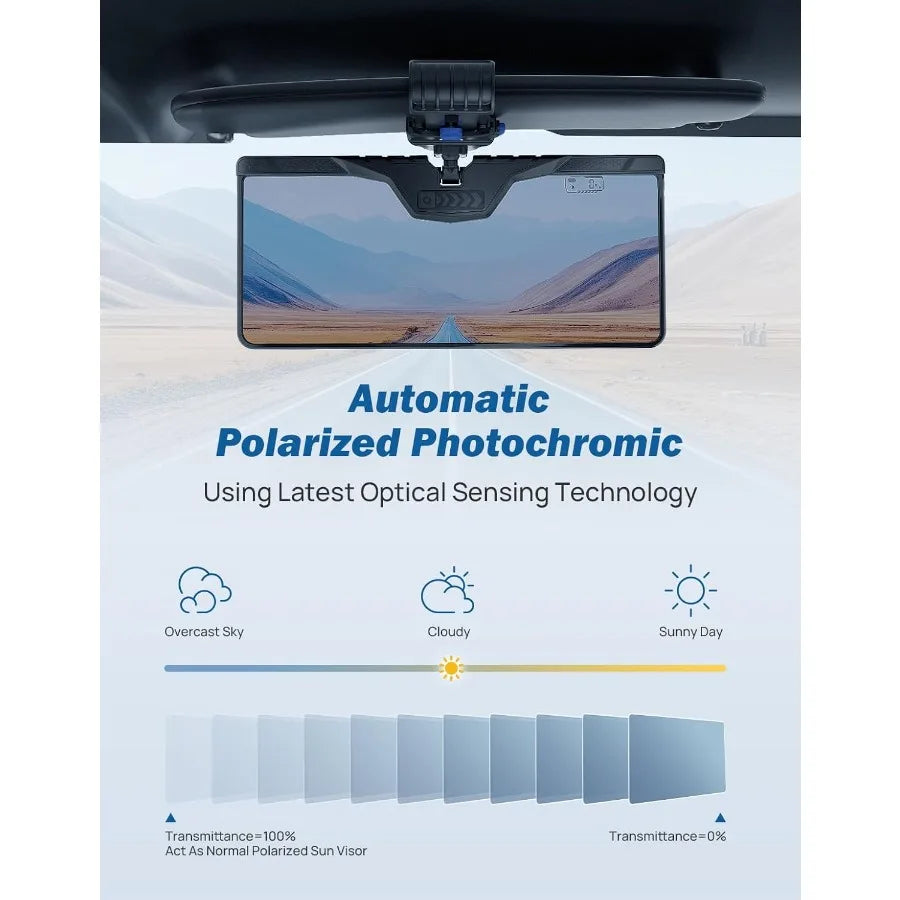 Smart Auto-Polarized Car Sun Visor with Auto-Dimming LCD Screen – Dual Light Sensors, Solar Rechargeable Anti-Glare Visor - Delicate Leather