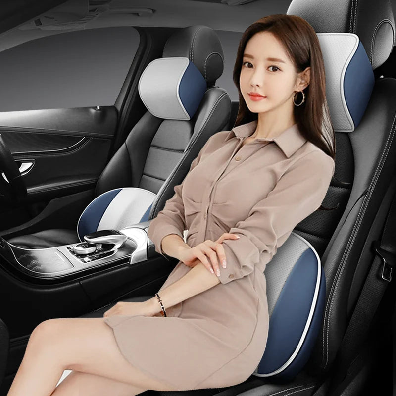 Universal Car Headrest and Lumbar Support Pillow – Memory Foam Neck & Waist Cushion for Car Interior - Delicate Leather