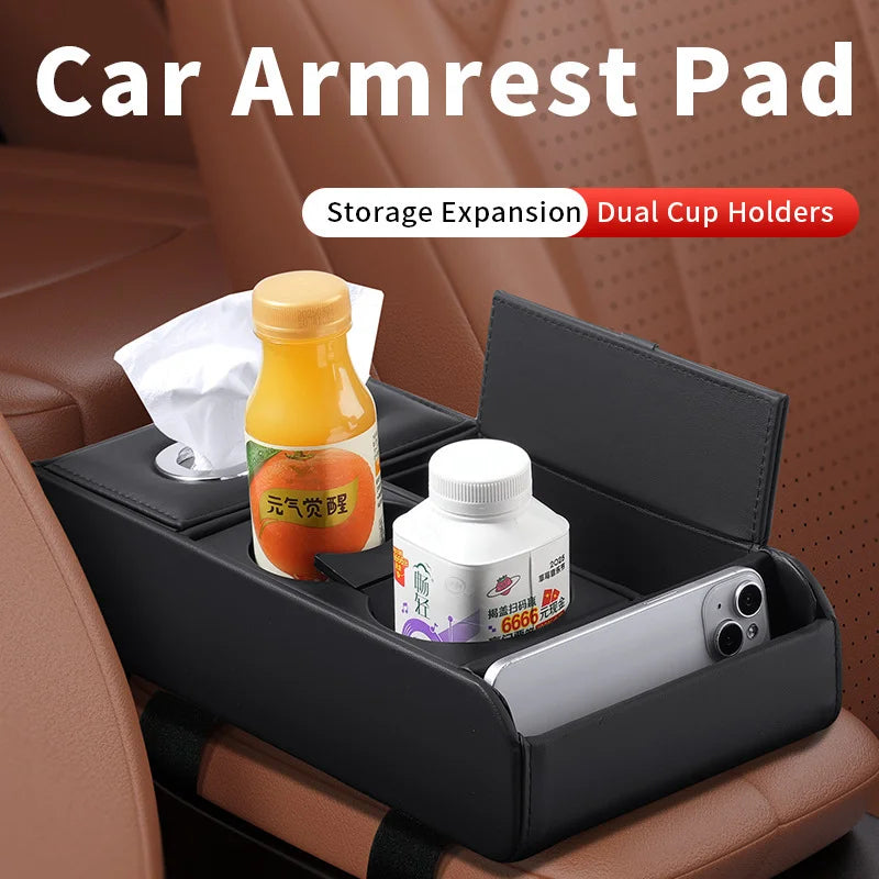 Car Armrest Storage Box with Cup Holder – Center Console Organizer Pad - Delicate Leather