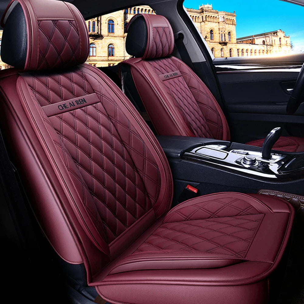 Full Set Waterproof PU Leather Car Seat Covers – Burgundy, High Back for Front and Rear Split Bench - Delicate Leather
