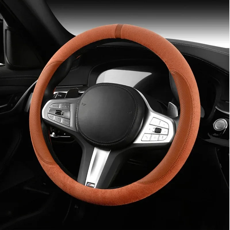 Trendy Four-Season Suede Steering Wheel Cover – Universal Non-Slip Handle Grip, Sporty D-Type Car Steering Wheel Protector - Delicate Leather