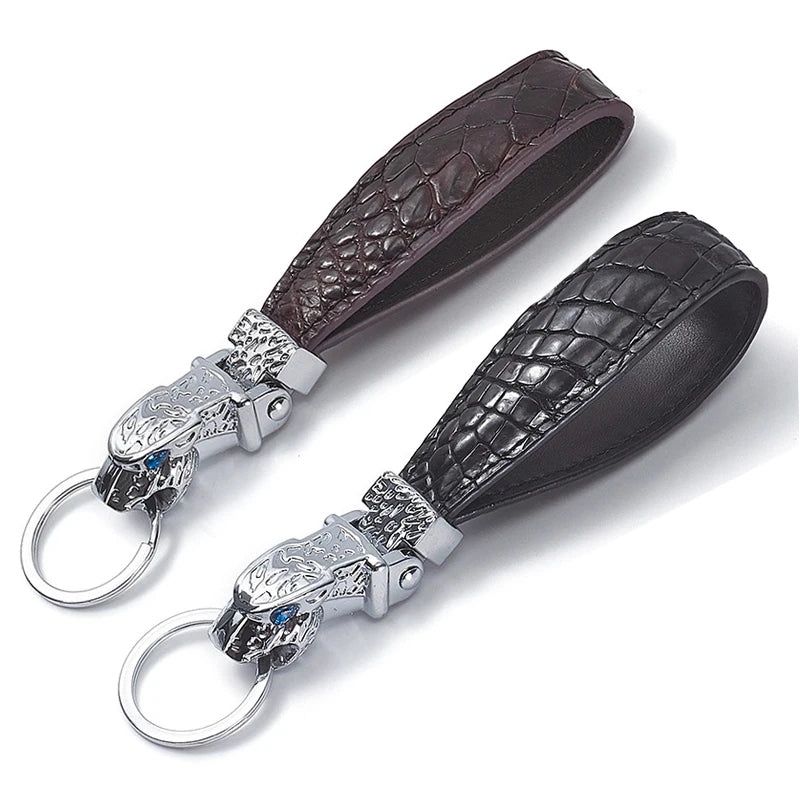 Leopard Head Keychain – Zinc Alloy & Crocodile Pattern Leather Key Ring, Unisex Fashion Pendant, Red - Delicate Leather