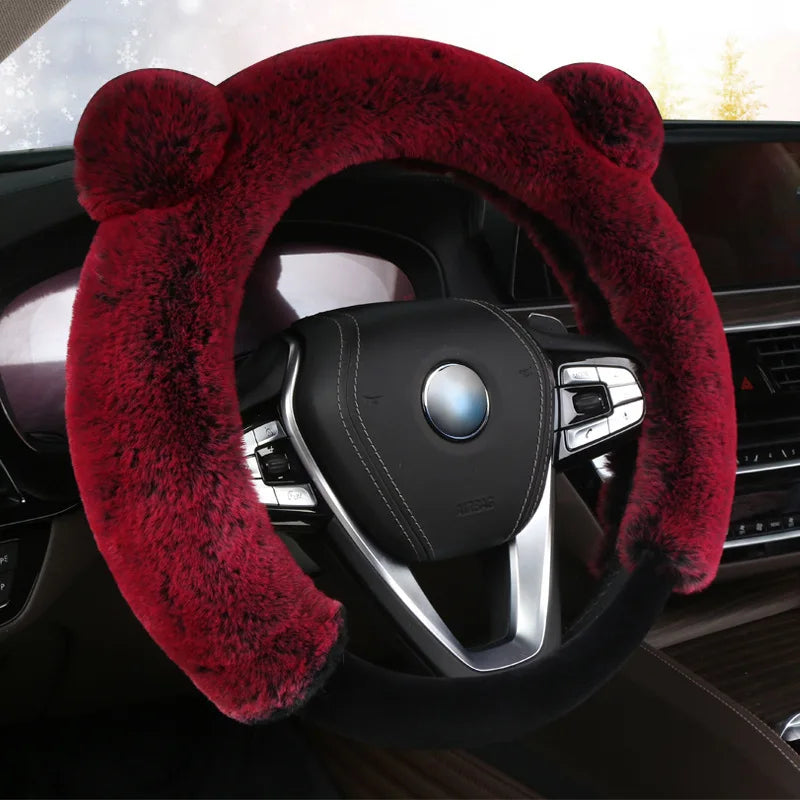 Winter Plush Steering Wheel Cover – Soft Faux Rabbit Fur, Cute Ear Design, Universal Fit 37–38cm - Delicate Leather