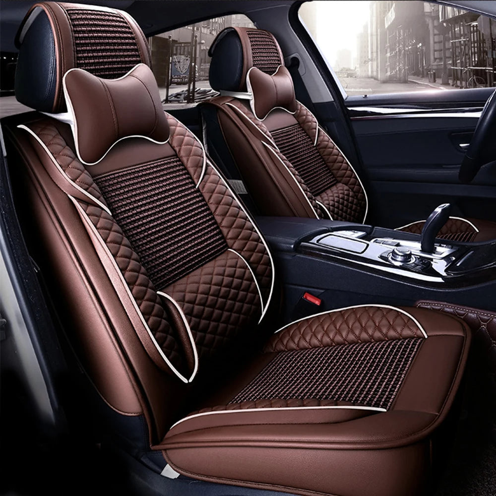 Universal Coffee-Colored Seat Covers for 5-Seater – Ice Silk, Waterproof Headrests & Lumbar Pillows 12 - Delicate Leather