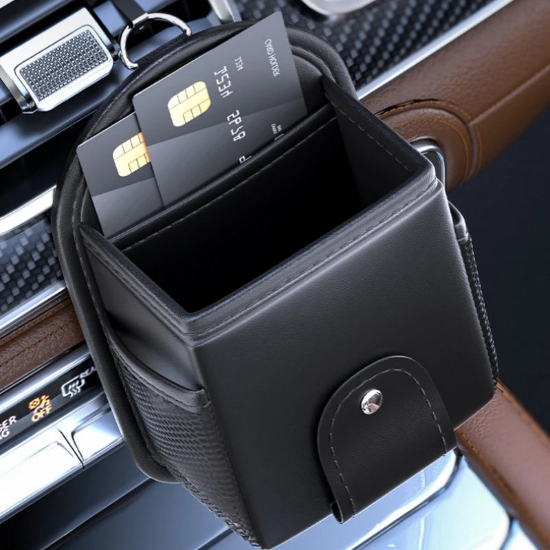 PU Leather Car Air Vent Phone Holder & Storage Bag – Organizer with Glasses Holder for Phones, Keys, and Tissues - Delicate Leather