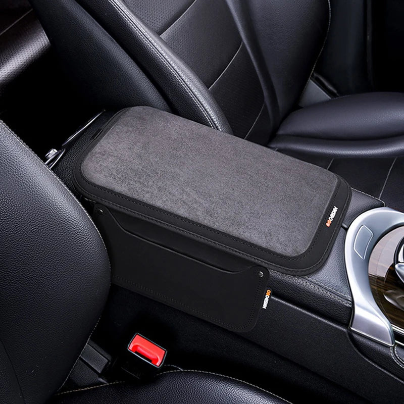 Leather Suede Car Armrest Cushion Cover – Soft Center Console Armrest Pad with Storage Pocket - Delicate Leather