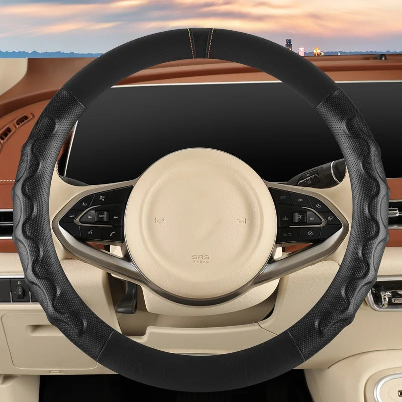 Universal 38cm Steering Wheel Cover – All-Season Non-Slip Faux Leather with 3D Corrugated Grip, Wear-Resistant Car Handle Cover - Delicate Leather