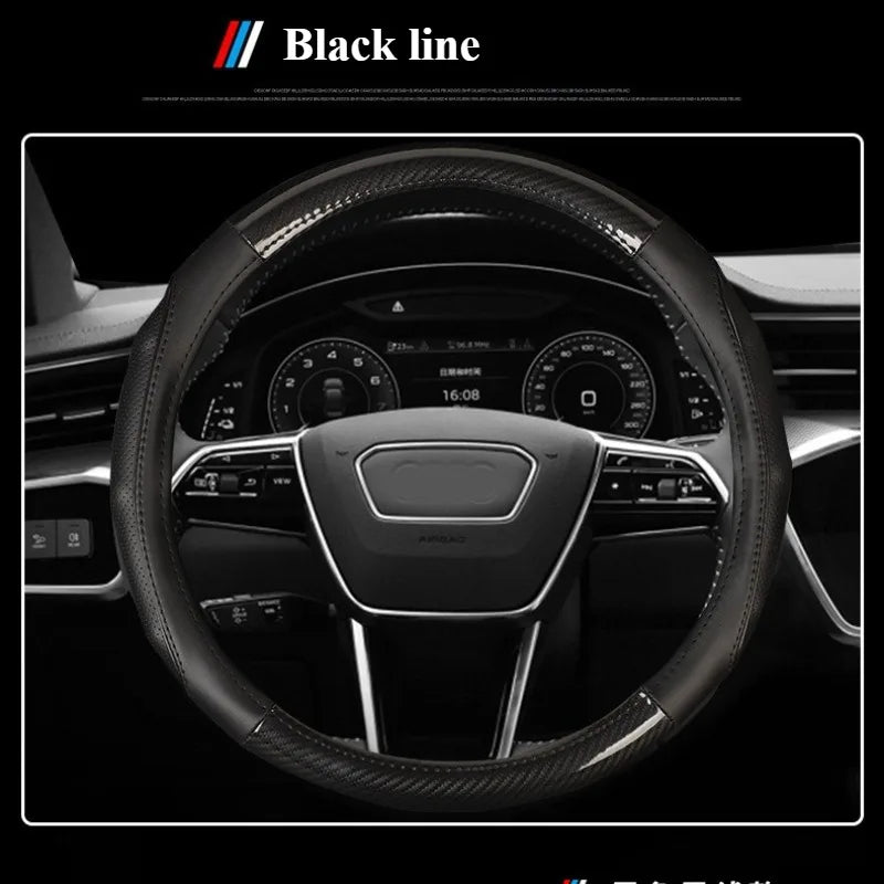 Carbon Fiber & Nappa Leather Steering Wheel Cover – Universal 37–38cm, Non-Slip Silicone Grip, 3D Textured Design, Breathable & Durable - Delicate Leather