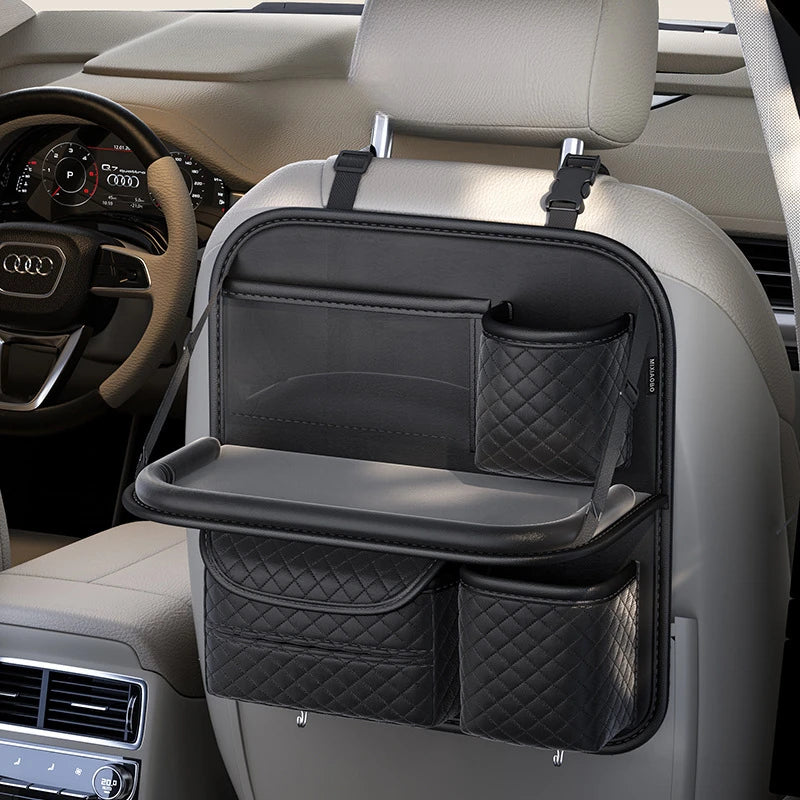 Car Seat Back Storage Organizer with Foldable Table – PU Leather Backseat Hanging Organizer with Phone & Tissue Holder - Delicate Leather