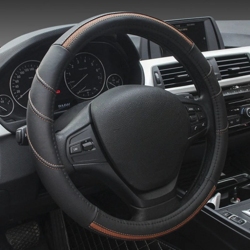 Black Leather Car Steering Wheel Cover – Universal 38cm Fit, Anti-Slip & Breathable Design, Premium Genuine Leather Protection - Delicate Leather