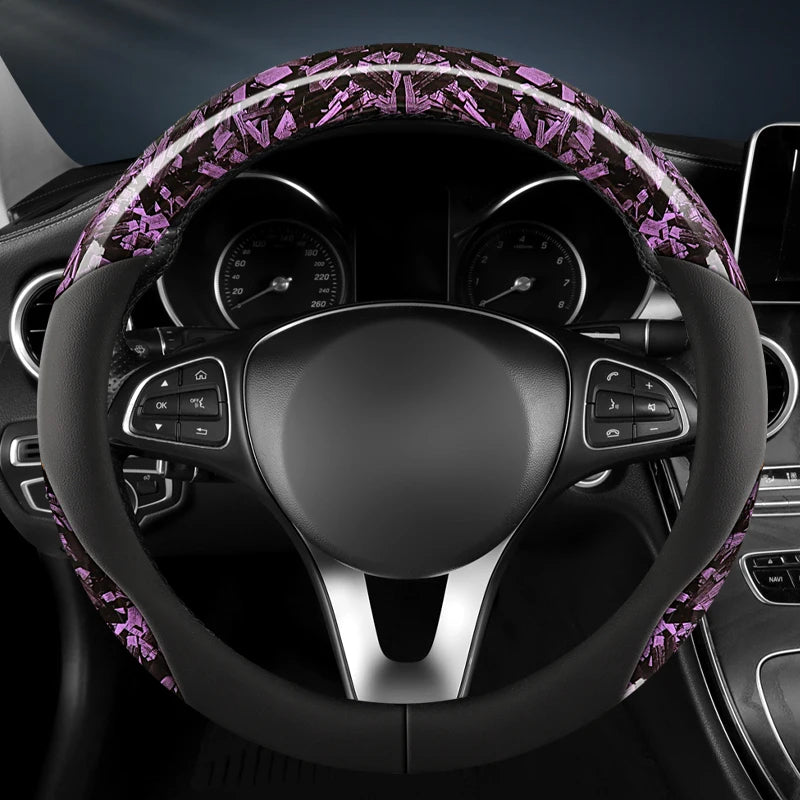 Premium Nappa Leather Steering Wheel Cover – Crystal Forged Carbon, Anti-Slip Rubber Grip, 15-Inch Universal - Delicate Leather