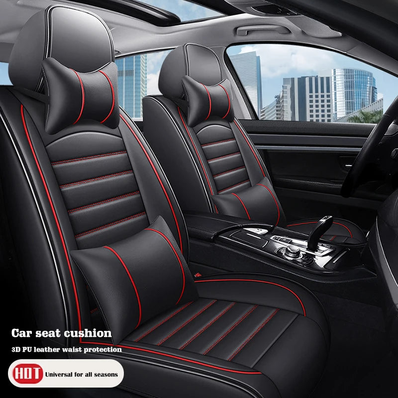 Universal 5-Seat Car Seat Cover Set with Neck & Lumbar Pillow Faux Leather Front and Rear Full Set - Delicate Leather