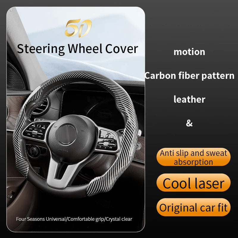 Carbon Fiber Silicone Car Steering Wheel Cover – Universal 38 cm Anti-Slip Grip, Protective All-Season Booster Accessory - Delicate Leather