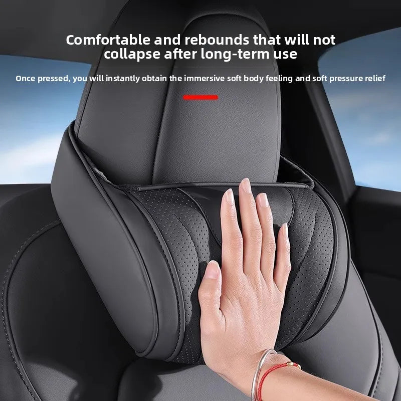 Car Neck Pillow & Lumbar Support – Universal Memory Foam Cushion with Nappa Leather Cover, Ergonomic Vehicle Back Support - Delicate Leather