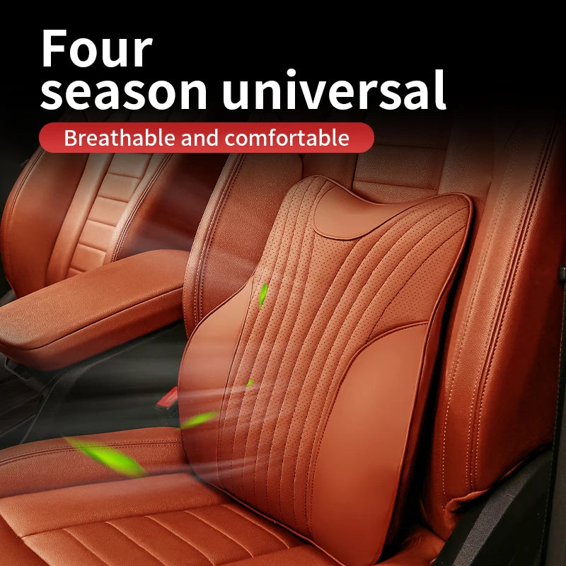 Universal Genuine Leather Neck Pillow & Lumbar Support – Anti-Slip Car Headrest Cushion for All-Season Comfort - Delicate Leather