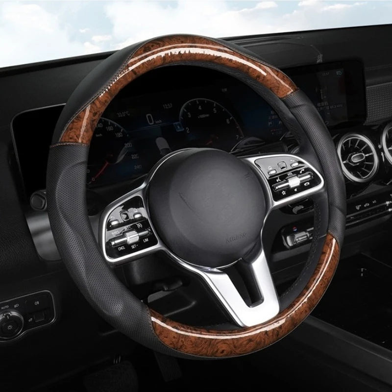 Wood Grain Steering Wheel Cover – Universal Microfiber & Carbon Fiber Leather, 3D Anti-Slip Grip, Breathable All-Season Car Accessory - Delicate Leather