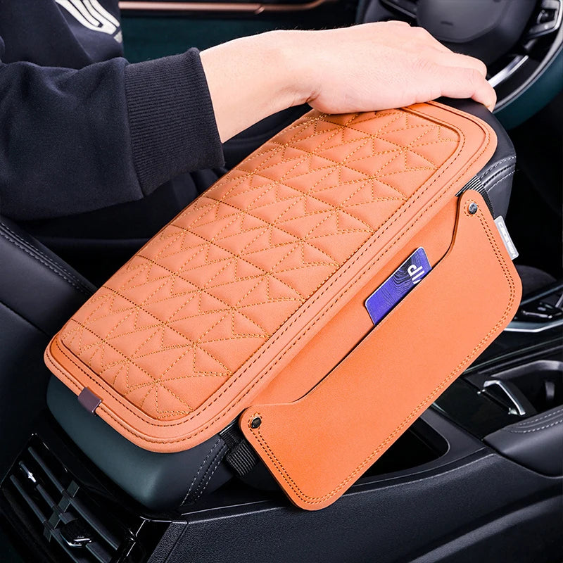 PU Leather Car Armrest Pad with Memory Foam – Center Console Protector Cover with Side Storage Pocket, Universal Fit - Delicate Leather