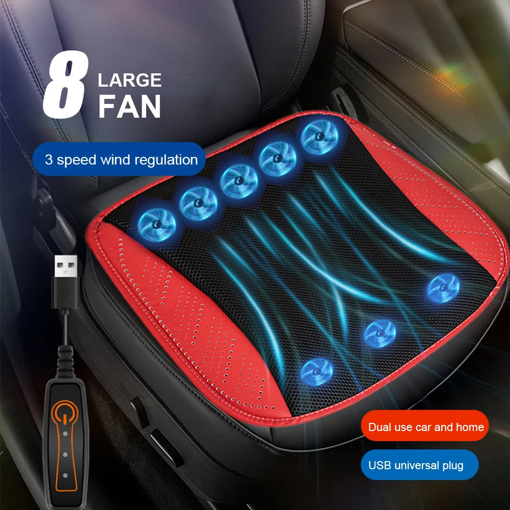 Stay Cool this Summer with the USB Fan Blowing Car Cooling Cushion: 8-Fan Design with 3 Adjustable Gears for Ultimate Ventilation and Comfort in Your Auto Interior - Delicate Leather
