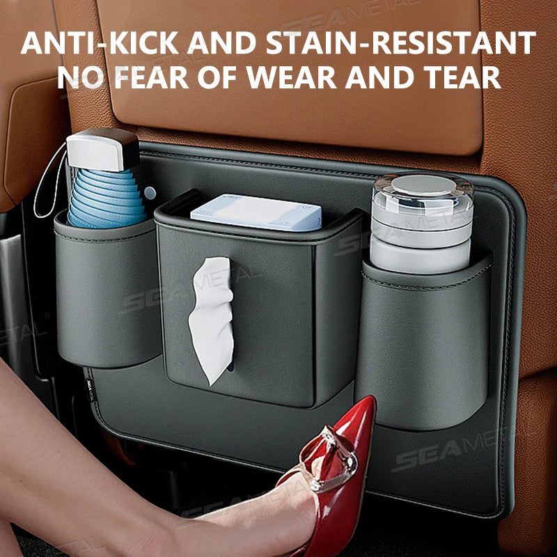 PU Leather Car Seat Back Organizer – Anti-Kick Storage Bag with Tissue Pocket, Cup Holder & Trash Bin - Delicate Leather