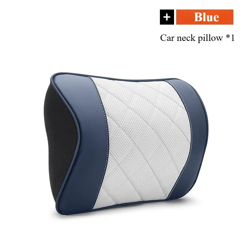 Nappa Leather Car Headrest & Lumbar Support Set – Memory Foam Neck and Waist Cushion - Delicate Leather