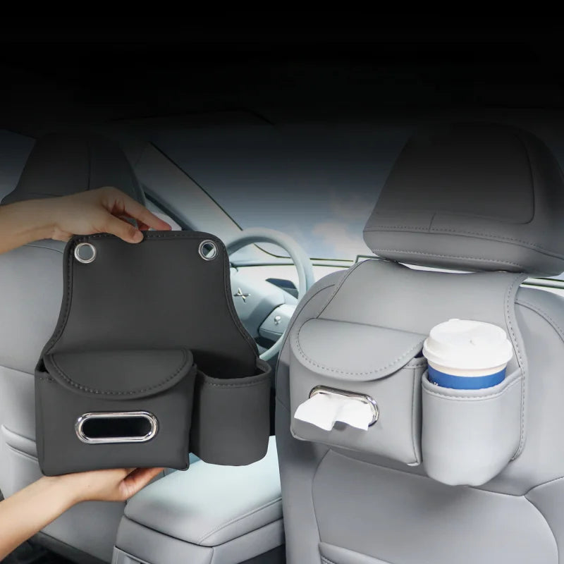 Leather Car Headrest Storage Bag – Backseat Hanging Organizer with Tissue & Cup Holder - Delicate Leather