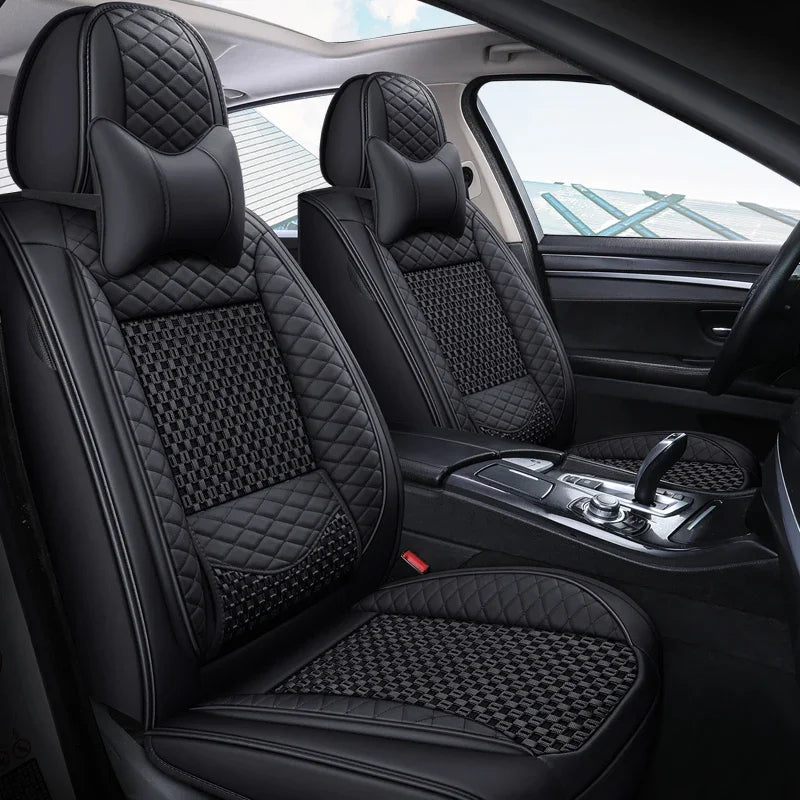 Premium PU Leather & Ice Silk Car Seat Covers with Lumbar Support – Breathable, Wear-Resistant Full Wrap Set (Includes Headrest) - Delicate Leather