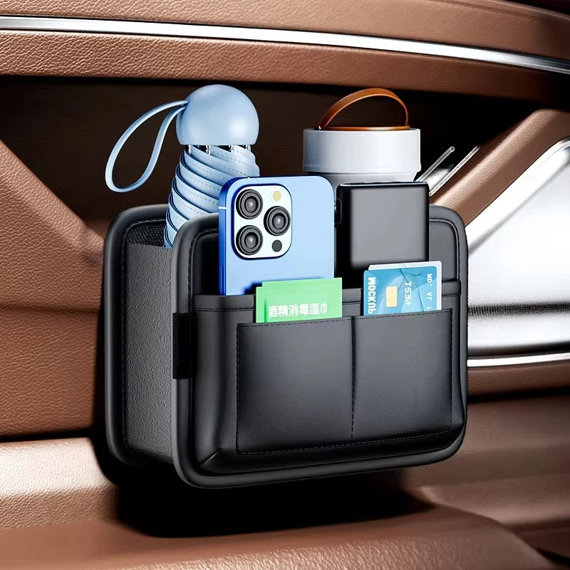 Foldable Car Door Storage Box – PU Leather Multi-Functional Organizer for Keys, Glasses, Phone, and Trash - Delicate Leather